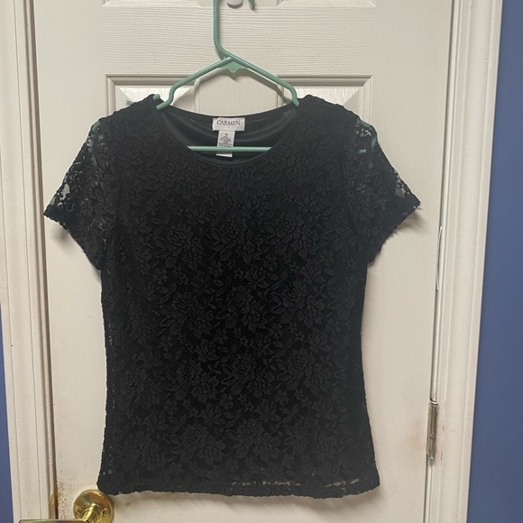 Carmen marc valvo black w/black lace tee size Medium nylon spandex - Picture 1 of 8
